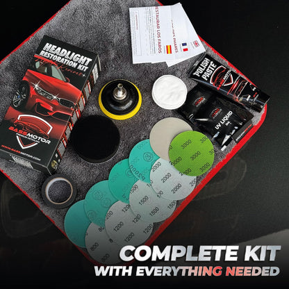 BassMotor Complete Kit for Polishing Dull and Worn Headlights for Car Restoration - Set for Cleaning and Sanding for ITV and Improved Visibility and Safety, Carbon Alumina