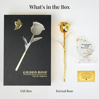 CIAPSK 24K Gold Dipped Rose Gift Set – Luxury Eternal Golden Rose with Interlocking Acrylic Butterfly Display Base & Premium Book-Style Gift Box – Romantic Anniversary & Birthday Gift for Her
