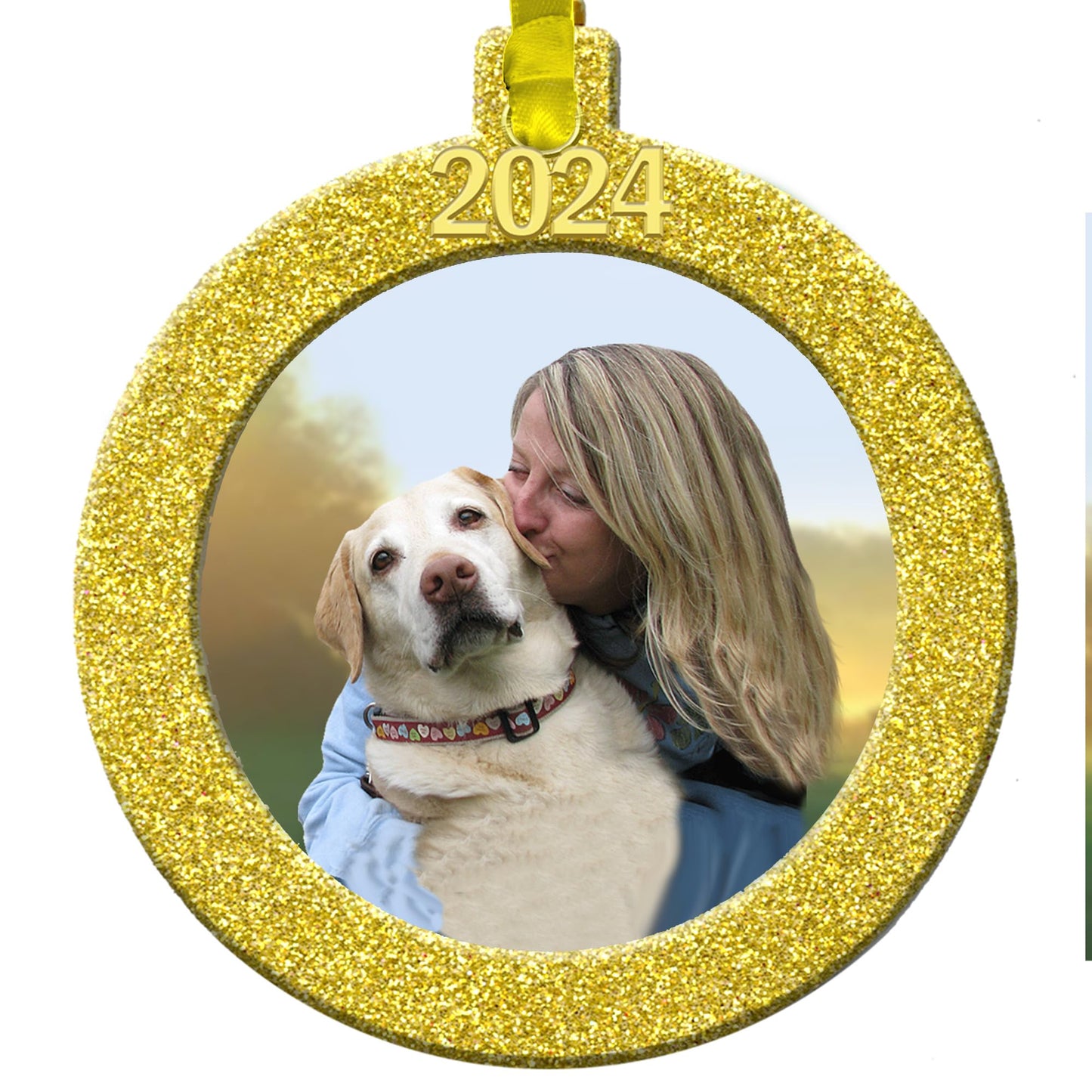 2024 Photo Ornaments for Christmas Tree, Sparkly Glitter Christmas Frame Ornament, Easy-Load Magnetic Design, Includes Satin Ribbon with Gold Charm Plus Photo Protector, Round, Gold