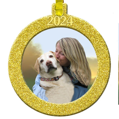 2024 Photo Ornaments for Christmas Tree, Sparkly Glitter Christmas Frame Ornament, Easy-Load Magnetic Design, Includes Satin Ribbon with Gold Charm Plus Photo Protector, Round, Gold