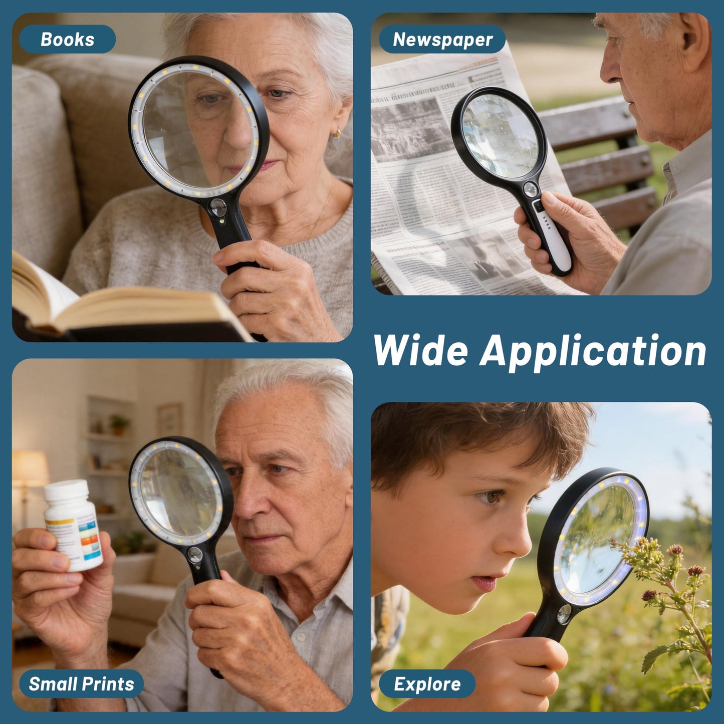 Large Magnifying Glass with Light: 10X 30X 5IN Lighted Handheld Magnifier with 13 LED Lights 3 Modes, 1150mAh Rechargeable Magnifying Lens Gift for Seniors Reading Coins Close Work-Black+White