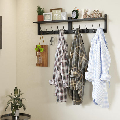 AMBIRD 34.2" Extra Long Wooden Wall Hook Rack with Shelf - Versatile and Decorative Wall-Mounted Storage with 10 Hooks for Coats, Hats, Keys - Ideal for Entryways, Bedrooms, Closets (Stylish Black)