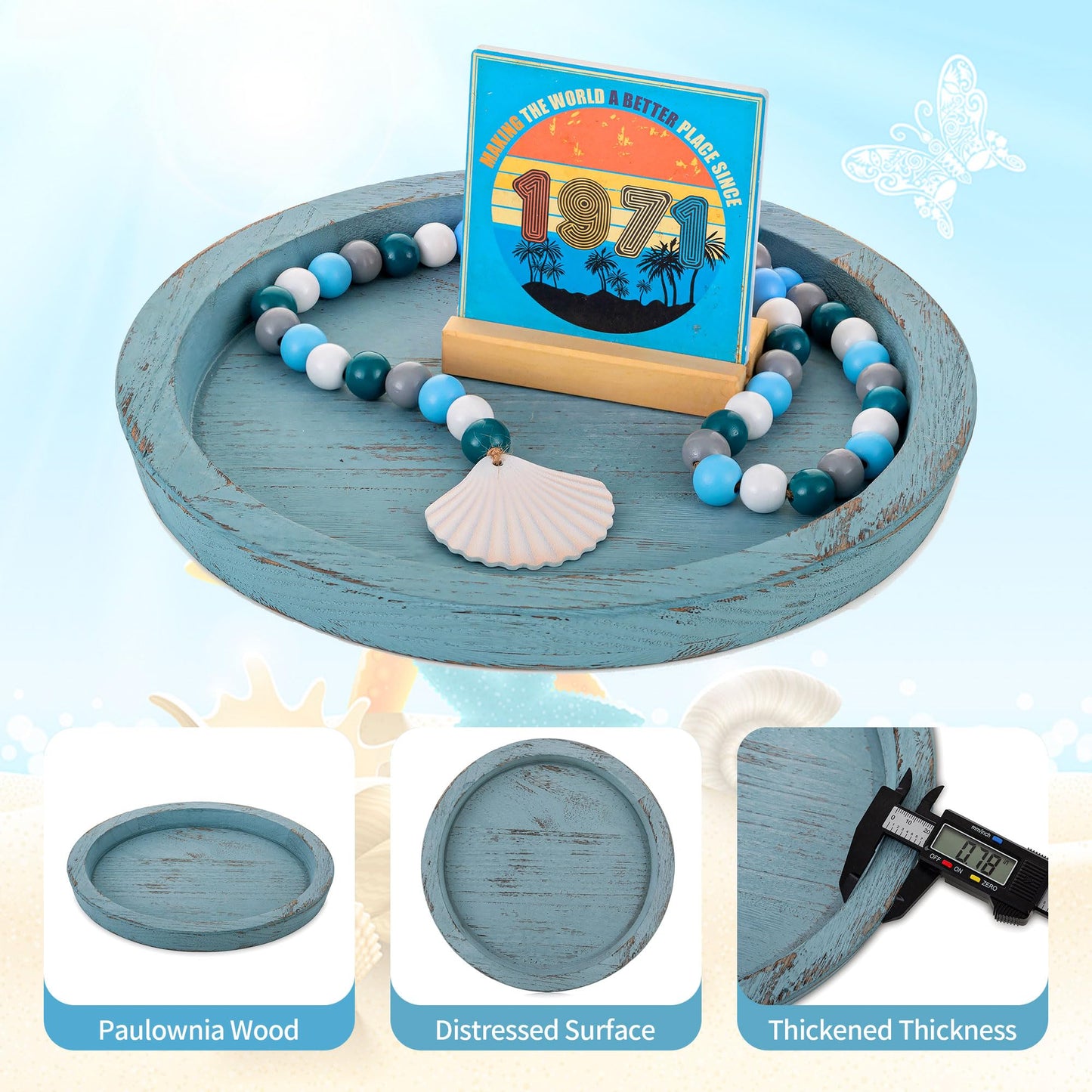 Hanobe Beach Decor Decorative Tray: Farmhouse Coastal Tray for Nautical Themed Decorations Coffee Table - Round Wooden Trays Ocean Style for Bathroom Countertop Centerpiece Rustic Blue
