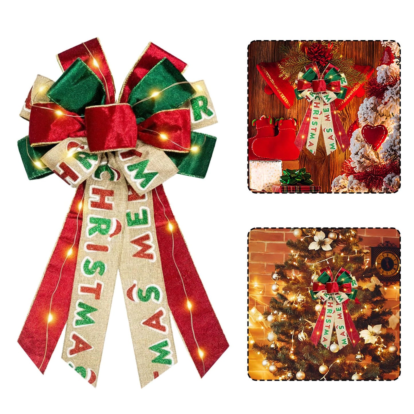 Hying Large LED Christmas Bows for Wreath, Merry Christmas Wreath Bow Red Green Velvet Bows with LED Lights Xmas Farmhouse Tree Topper Bows for Front Door New Year Christmas Decoration Supplies