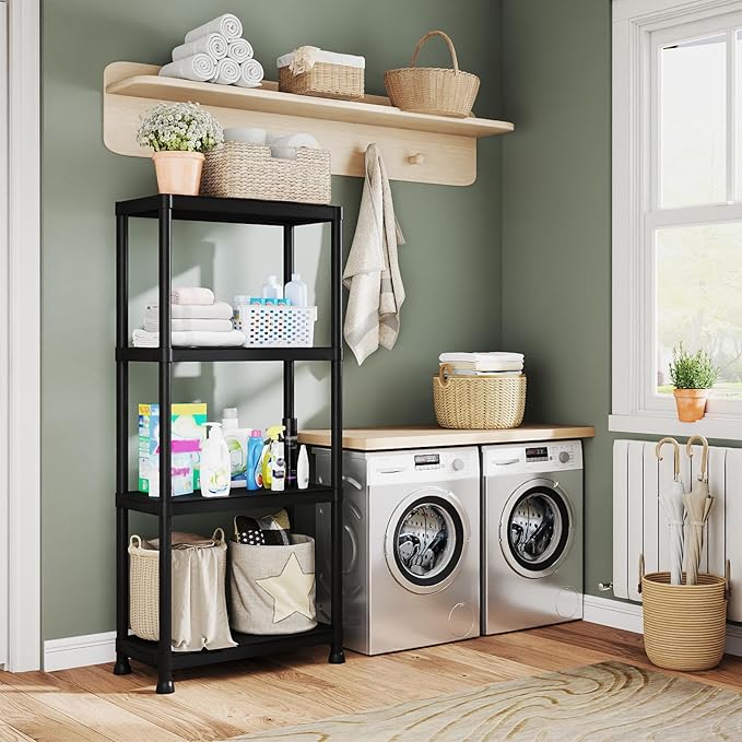 Plastic Storage Shelves, 11.8" D x 23.62" W x 52.56" H Plastic Shelves for Storage, 4-tier Shelving Unit, Storage Rack, 264 lbs, Bathroom, Laundry, Garage & Home