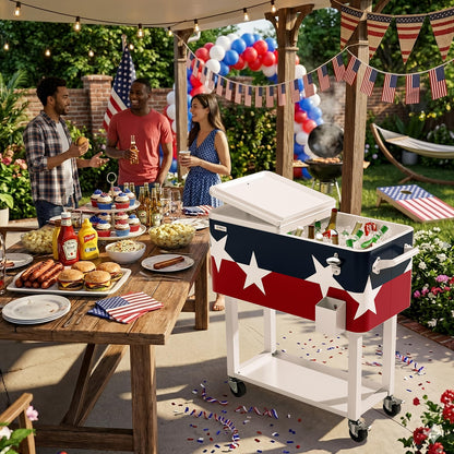 VINGLI 80 Quart Rolling Ice Chest, Portable Patio Party Bar Drink Cooler Cart, with Shelf, Beverage Pool with Bottle Opener (Red， White & Blue)