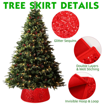 Christmas Tree Collar Burgundy Round Tree Skirt Tree Ring Sparkle Sequin for Christmas Holiday Thanksgiving Home Decor Red Gold