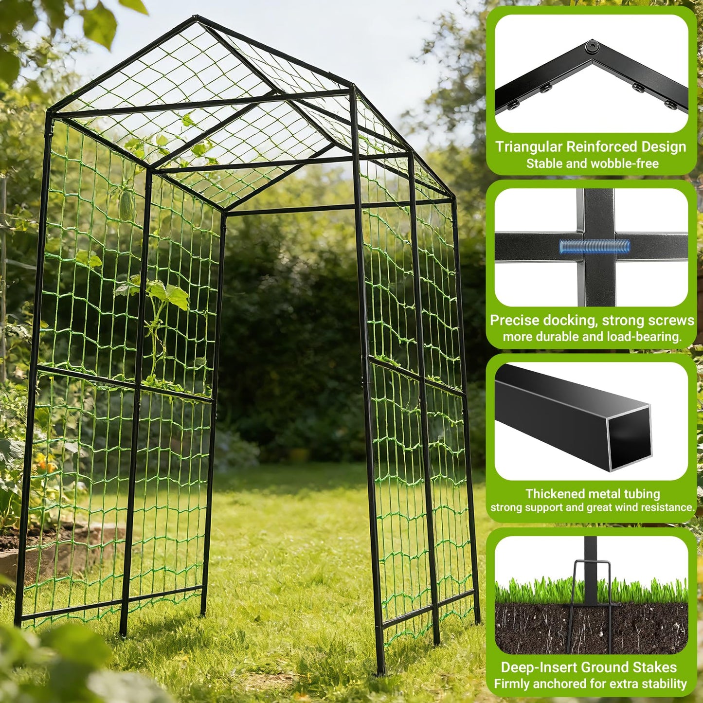 Metal Garden Arch Trellis for Climbing Plants Outdoor, 7.1FT Extra Tall Cucumber Trellis for Raised Bed, Plant Trellis for Vegetable Fruit Flower Vine（Black）