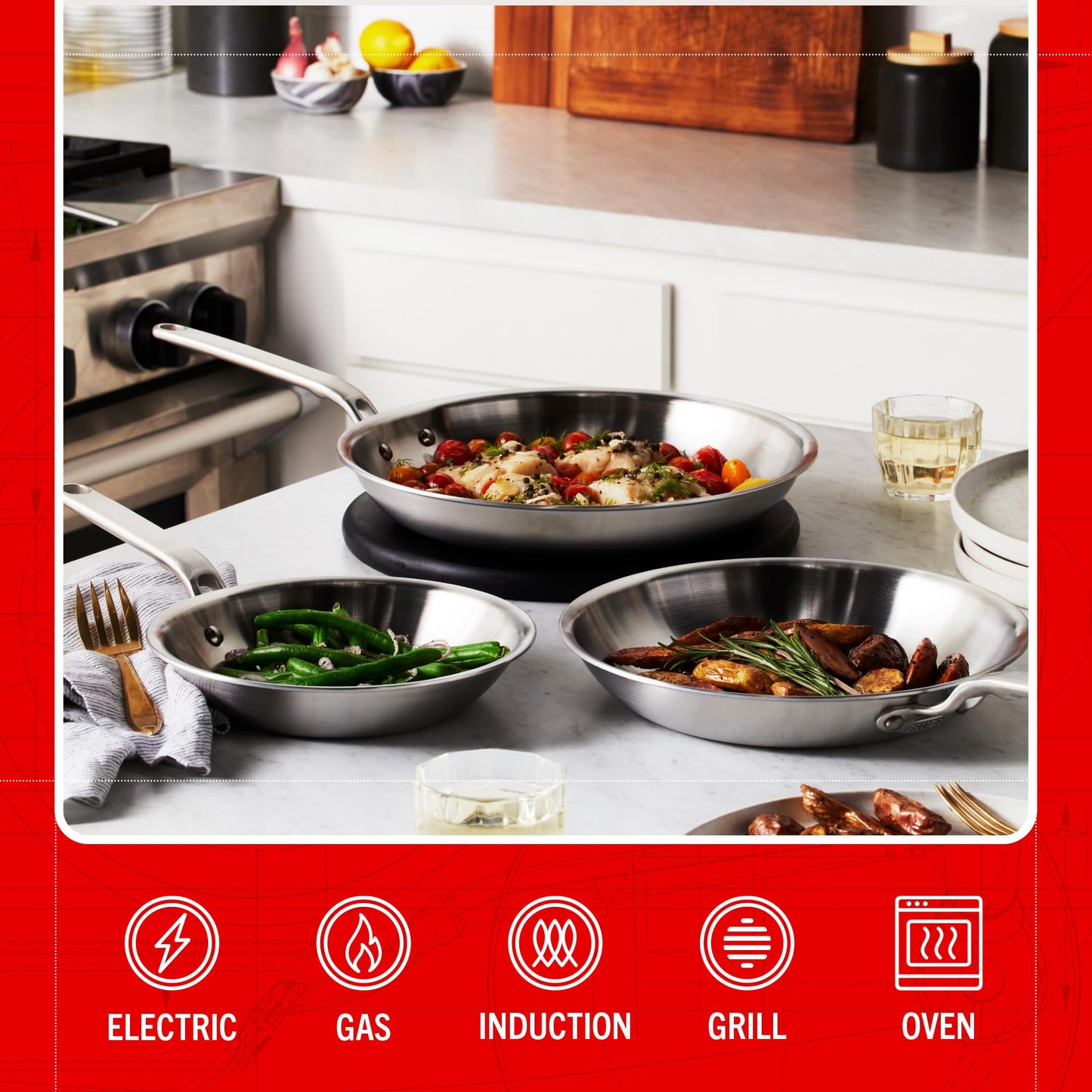 Heritage Steel Eater Series 3 Piece Fry Pan Set | Made in USA | 5-Ply Fully Clad Stainless Steel Pan | Stay Cool Handle Design | Induction Ready & Non-Toxic Pan