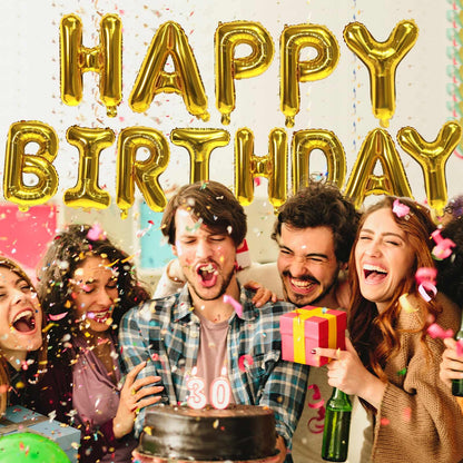 Gold Happy Birthday Balloons Banner,16 Inch Mylar Foil Letters Sign,Reusable Balloons for Women, Men, Boys & Girls Birthday Decorations Party Supplies