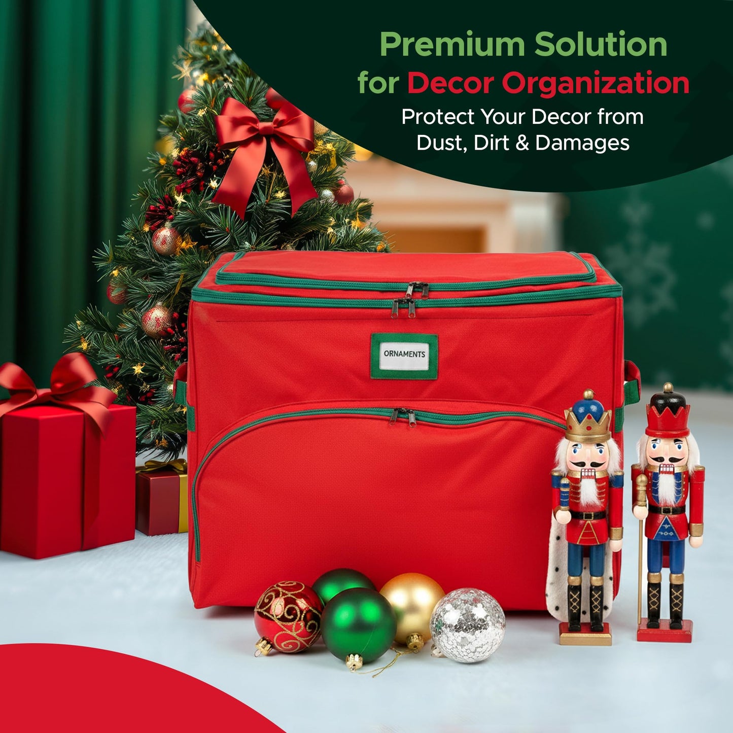 Christmas Nutcracker and Figurine Collectible Storage Box - Holds Up to 72 Ornaments 4” x 4” - Top Adjustable Compartments for Figurines, Nutcrackers, etc - Heavy Duty 600D/ Inside PVC Material
