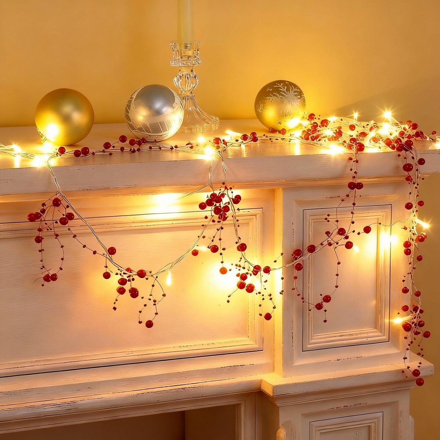 Mudder 10 Feet 30 LED Christmas Light Metal Berry Beaded Garland Indoor Christmas String Lights for Fireplace Mantel Indoor Xma Light Decorations(Red)