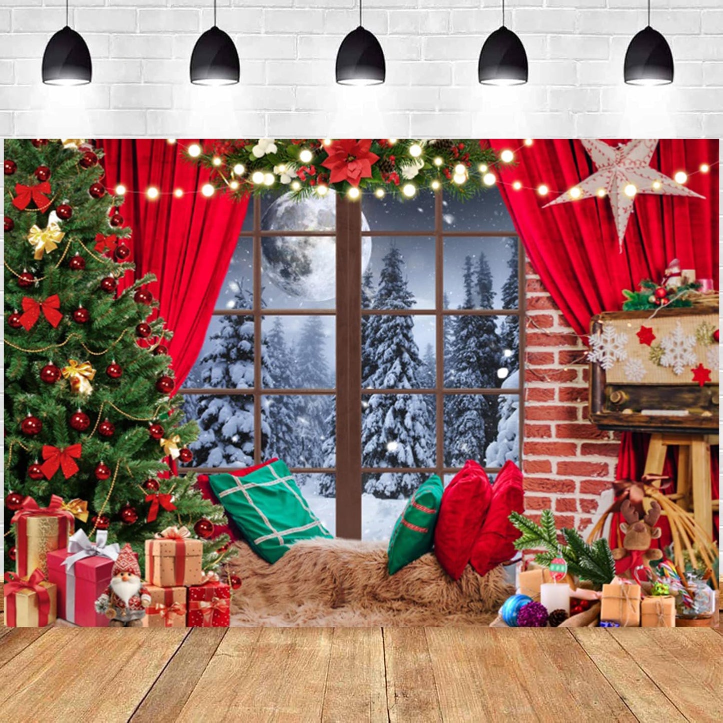 Diasynig 5x4FT Christmas Backdrop Window Red Curtain Xmas Tree Gifts Forest Snow Scene Photography Background Family Kids Winter Holiday Christmas New Year Party Decorations Banner Photo Booth Props