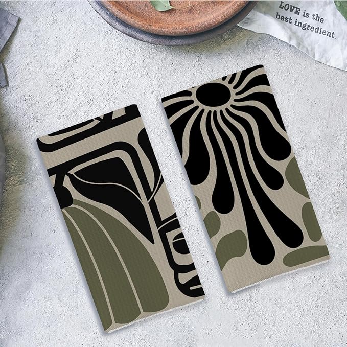Sage Green Groovy 70s Retro Kitchen Towels Set of 2
