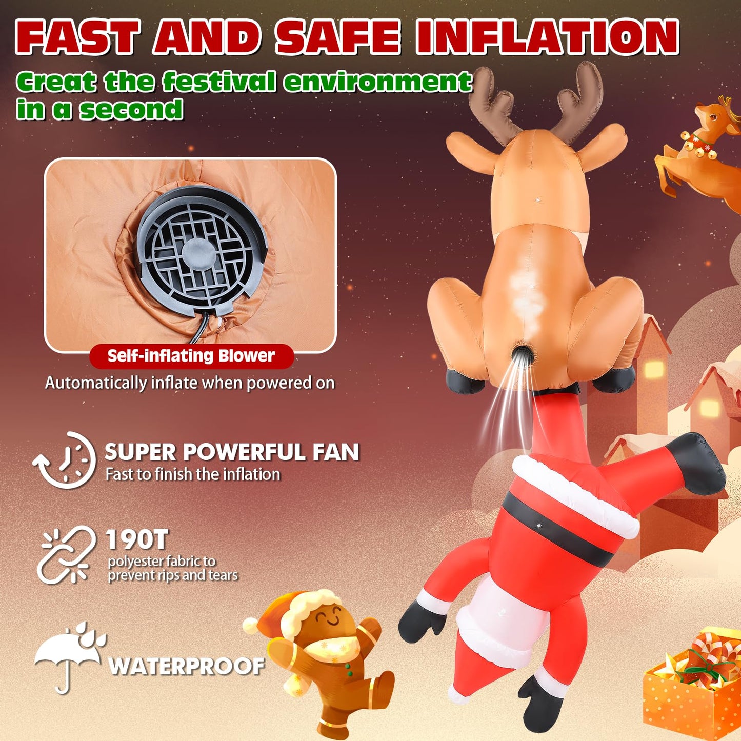 Christmas Inflatable Roof Outdoor Decorations, 8FT Inflatables Reindeer & Climbing Santa, LED Lights Blow up Holiday Hanging Decor for Window Indoor Rooftop Outside Balcony Garden Restaurant Café