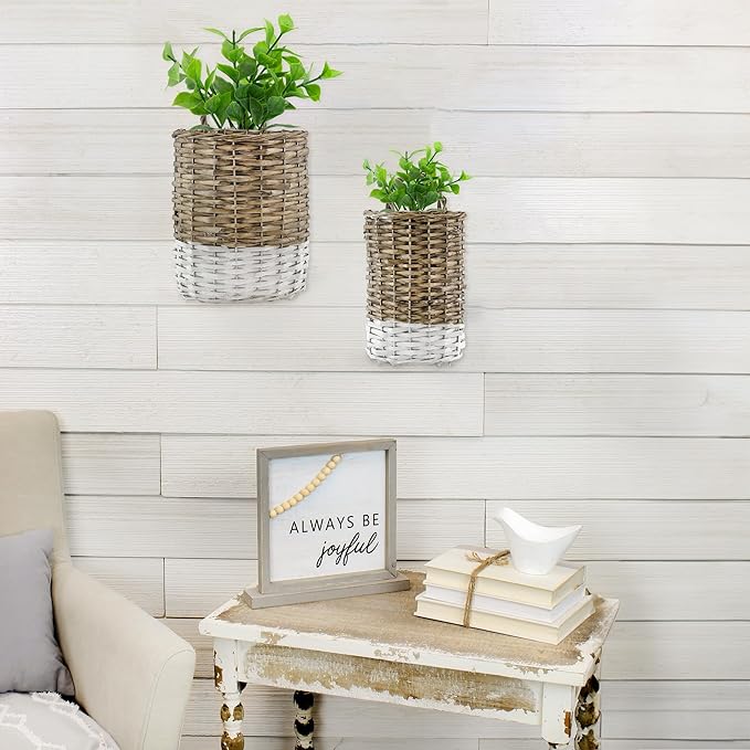 AuldHome Design Wall Hanging Baskets; Woven WIcker Rustic Farmhouse Two-Tone