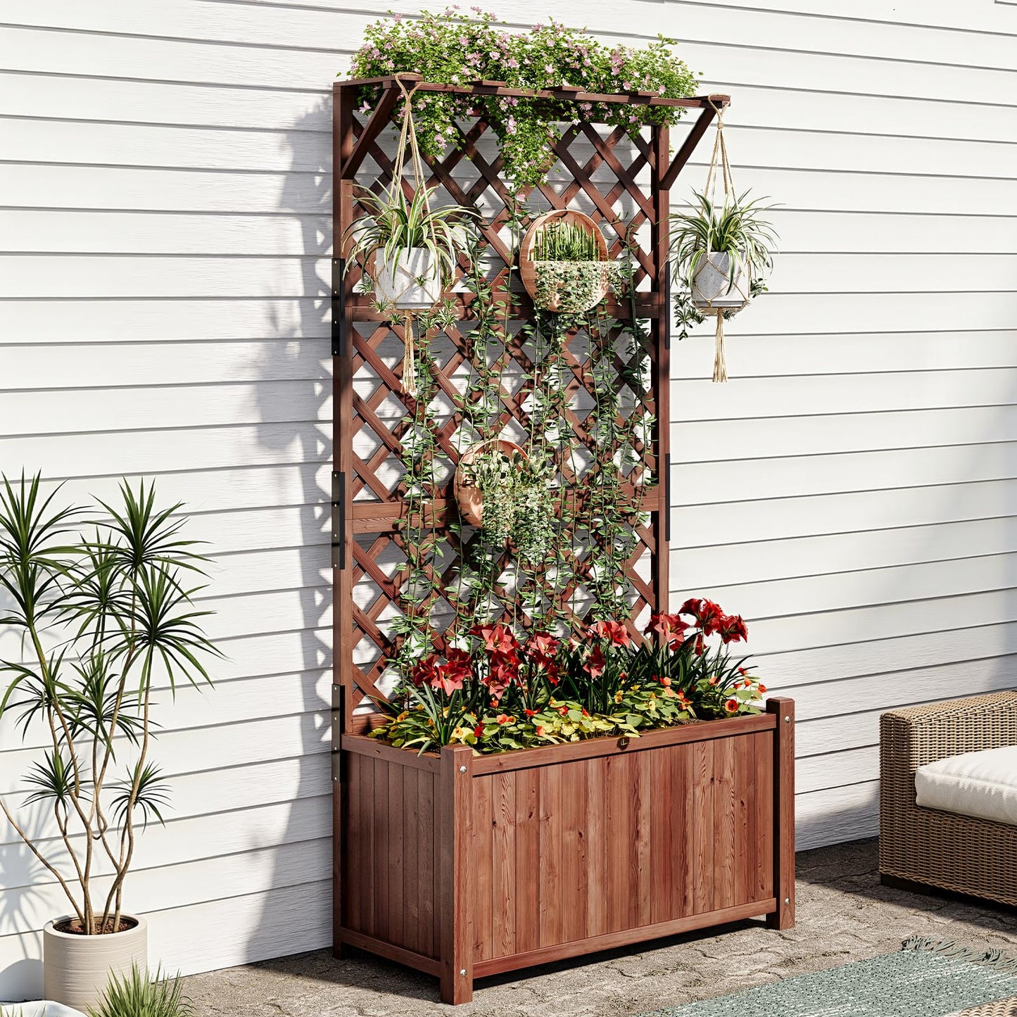 AMERLIFE Raised Garden Bed with Trellis for Vegetables, Climbing Plants, Durable Natural Wood Planter Box with Drainage Holes, Privacy Planter for Outdoor Yard & Patio, Easy Assembly