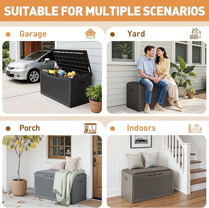 Greesum 100 Gallon Resin Deck Box Large Outdoor Storage Boxes with Cushions for Garden Tools, Patio Furniture Pillows, Pool Supplies, Light Coffee