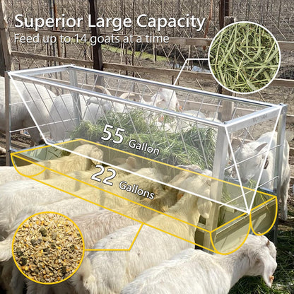 BUYYAH Stainless Steel Pasture Feeder, 5-Feet, 77 Gallon Capacity Livestock Feeder with Deeper Feeding Pan, Easy to Assemble and Carry, Feeding Goats, Sheep and Ponies, for Farms, Sheep Sheds