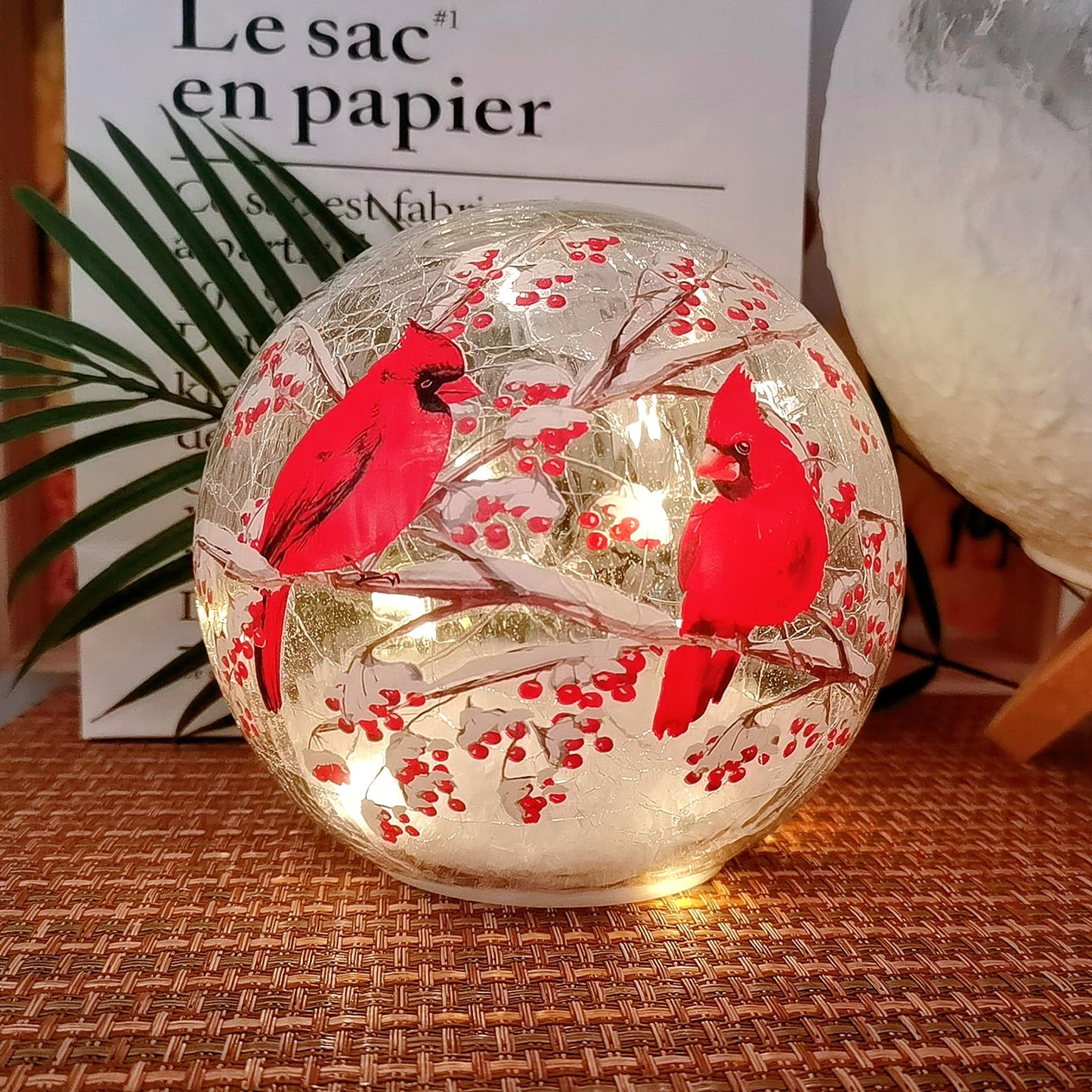 BERSCAH Glass Ball Light Crackle LED Night Light Red Bird Pattern Battery Operated Light Tabletop Decorative Sphere Lamp LED Orb Table Lamp for Outdoor Living-Room Pathway Patio Yard Lawn Bedroom