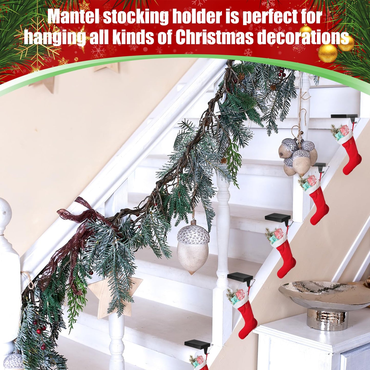 Zonon Christmas Stocking Holders for Mantle Heavy Duty Iron Stocking Hangers Hooks Mantel with Non-Slip Protective Pad, Mantle Garland Hanger for Fireplace Stair Home Shelf Decor (Black,4 Pcs)