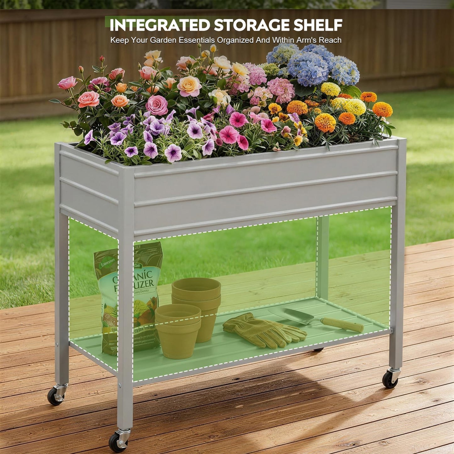 ZORMY 32" Tall Galvanized Raised Garden Bed with Legs Wheels & Shelf, Elevated Planter Box Outdoor for Vegetables, Herbs & Flowers, Patio & Backyard, Garden Bed with 400lb Capacity，Grey