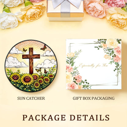 8 Inch Stained Glass Cross Suncatcher with Sunflower & Butterfly Christian Gifts for Women Religious Window Hanging Decor Unique Catholic Easter Birthday Gifts for Mom Grandma (Brown, Medium)