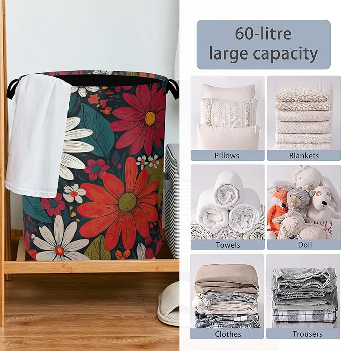 Retro Red Daisy Flowers Laundry Hamper, Dirty Clothes Laundry Basket
