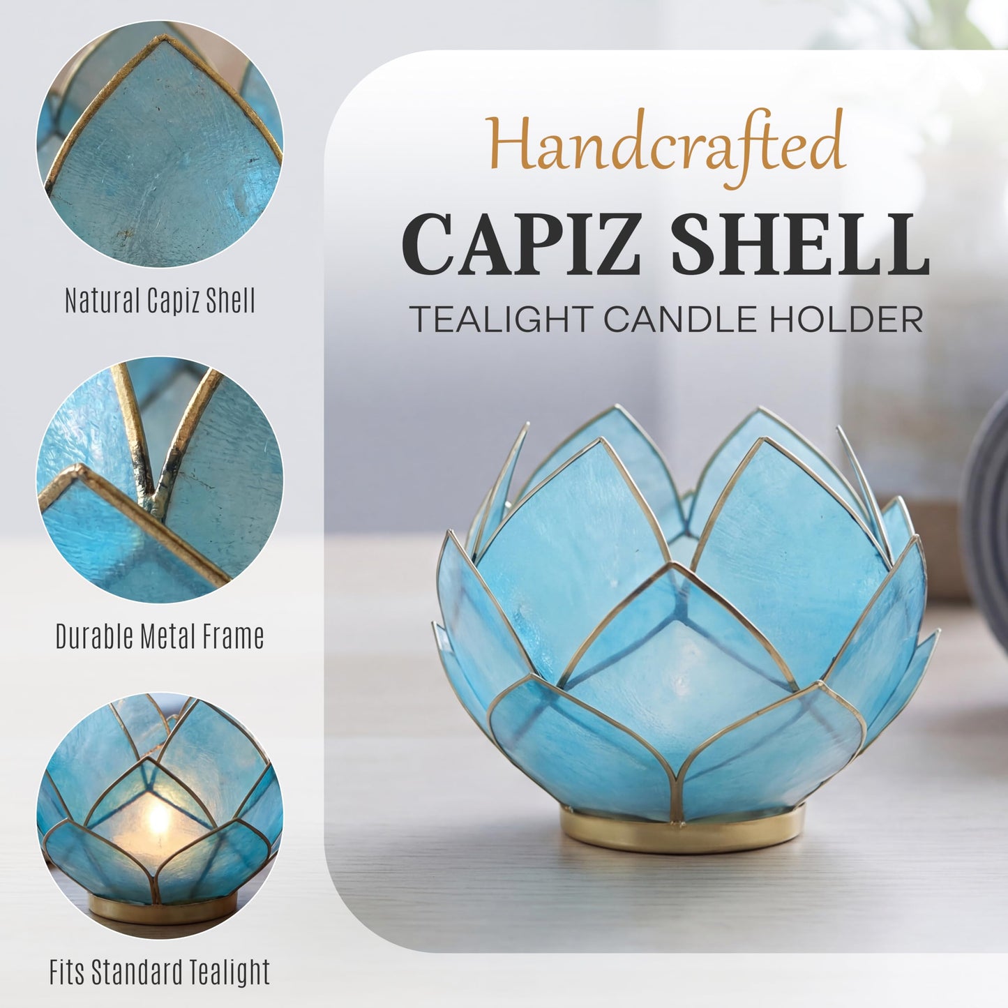 Blooming Lotus Capiz Shell Tealight Candle Holder, Handcrafted Decorative Tea Light Candleholder with Translucent Flower Petals for Ambient Illumination and Natural Elegance, Aquamarine