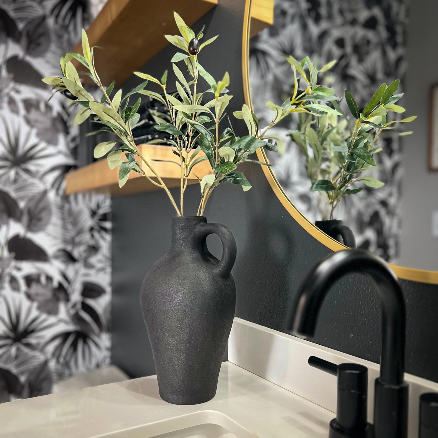 Luxurious Gift Set Textured Ceramic Vase 10 Inch with Olive Branches 22 Inch Tall Black Medium Vase Artificial Topiaries Fake Plants, Minimalist Shelf Decor, Neutral Home Office High End Gifting Decor