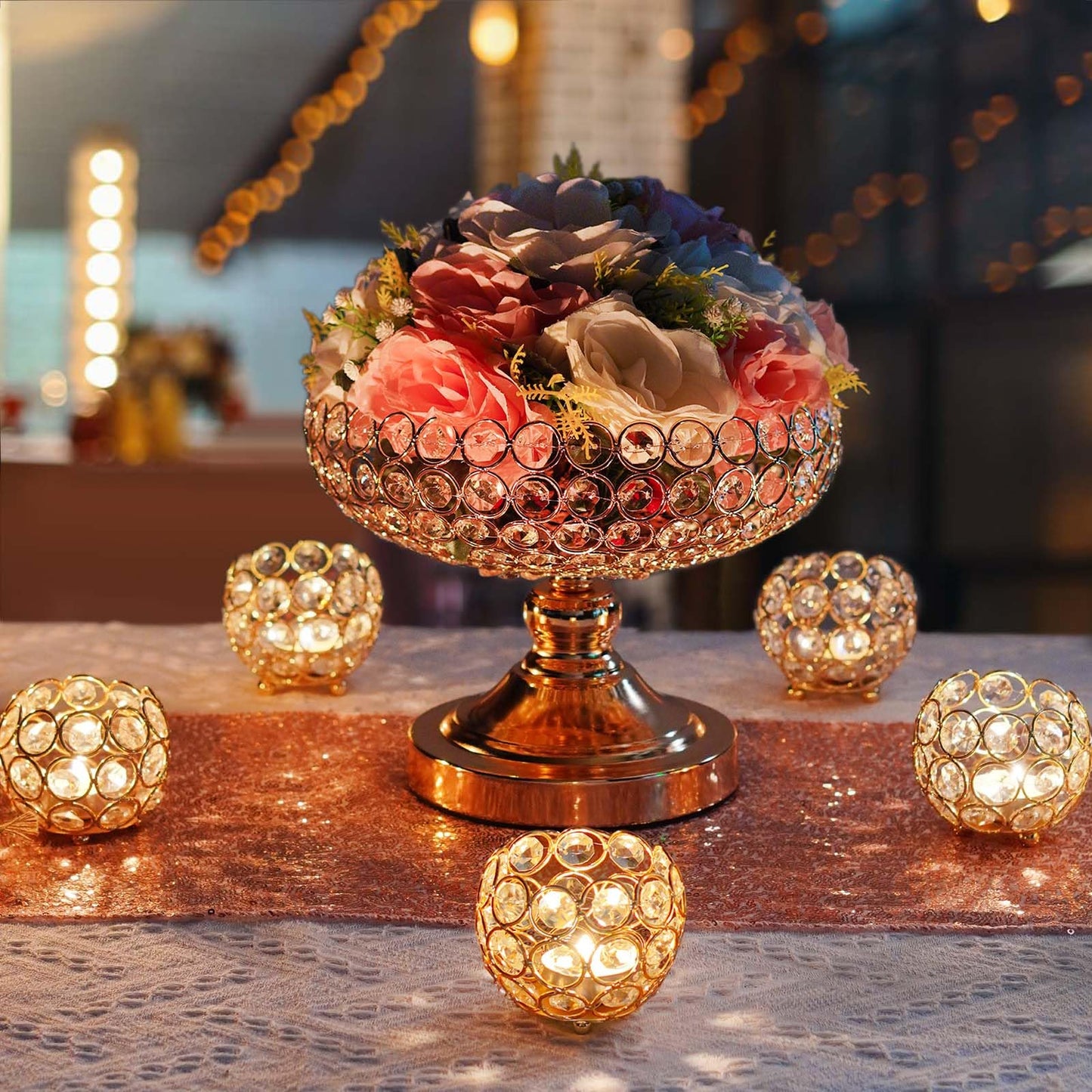 kolnlala 4 Pcs Crystal Tealight Candle Holders for Table Centerpiece,Elegant Wedding Table Centerpiece for Home Decor, Birthday Party, Romantic Events | Giftable Decorative Accent (4, Gold)