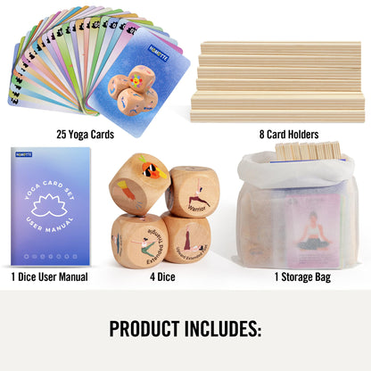Homotte Yoga Cards and Wooden Yoga Dice Set for Beginners, Kids Yoga Accessories Pose Workout Kit with 4 Dice, 8 Card Holder, Gift for Women