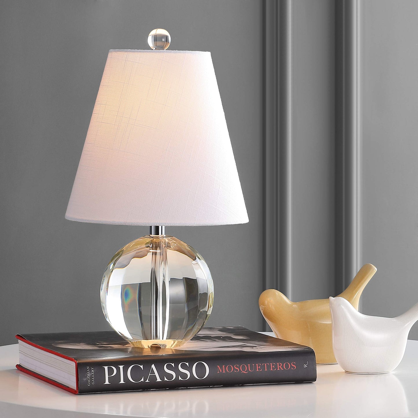 JONATHAN Y 16" Clear Crystal Ball LED Table Lamp, White Modern Bedside Lamp, with White Linen Empire Shade, Glam Orb Glass Nightstand Lamp for Living Room, LED Bulb JYL2079A