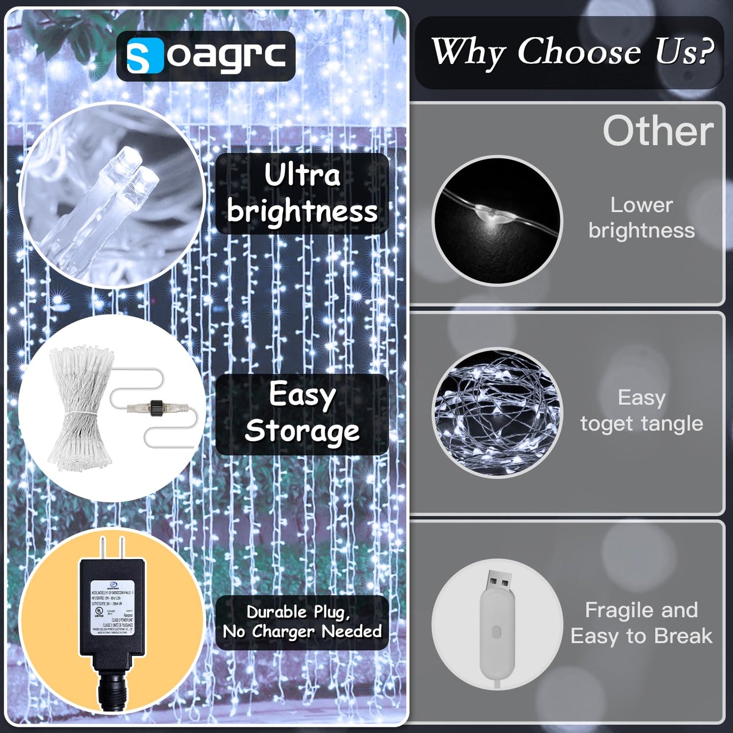 Soagrc 300 LED Cool White Curtain String Lights 9.8x9.8FT Plug in Fairy Lights with 9 Hooks Dimmable Timer & 8 Modes IP44 Waterproof Bedroom Office Wall Wedding Backdrop Christmas Indoor Outdoor Decor