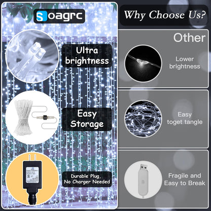 Soagrc 300 LED Cool White Curtain String Lights 9.8x9.8FT Plug in Fairy Lights with 9 Hooks Dimmable Timer & 8 Modes IP44 Waterproof Bedroom Office Wall Wedding Backdrop Christmas Indoor Outdoor Decor
