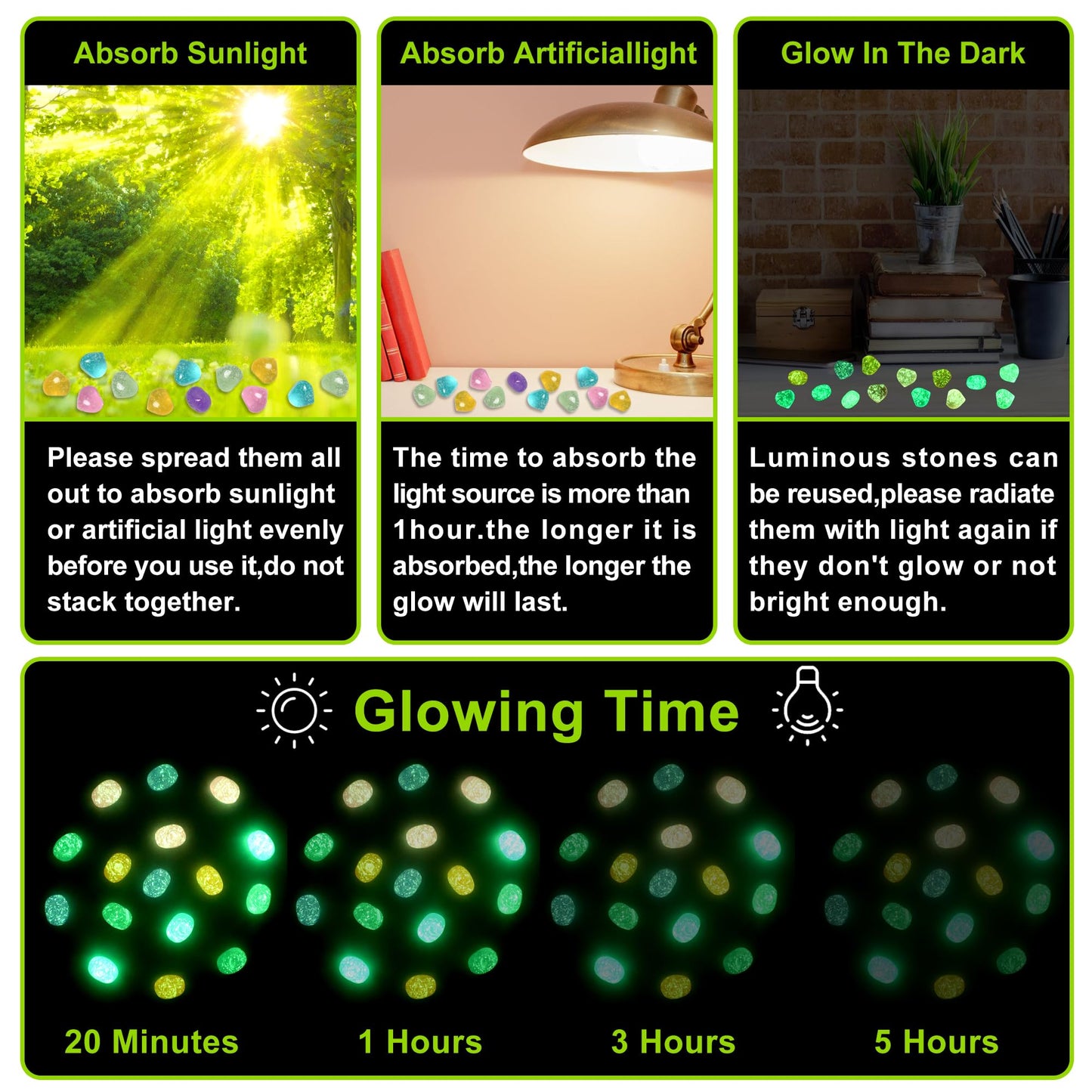 100pc Sparkling Luminous Stones Glowing Rocks for Aquarium Bling Glow Stones for Fish Tank Glowing Stones for Landscaping Glow in The Dark Garden Pebbles