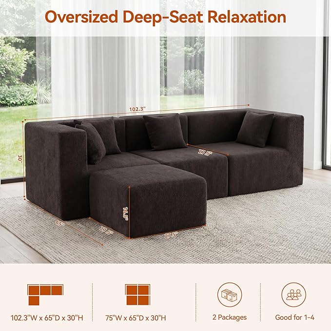 MONVANE 103'' Modular Sectional Sofa, Comfy Teddy Velvet Cloud Couch