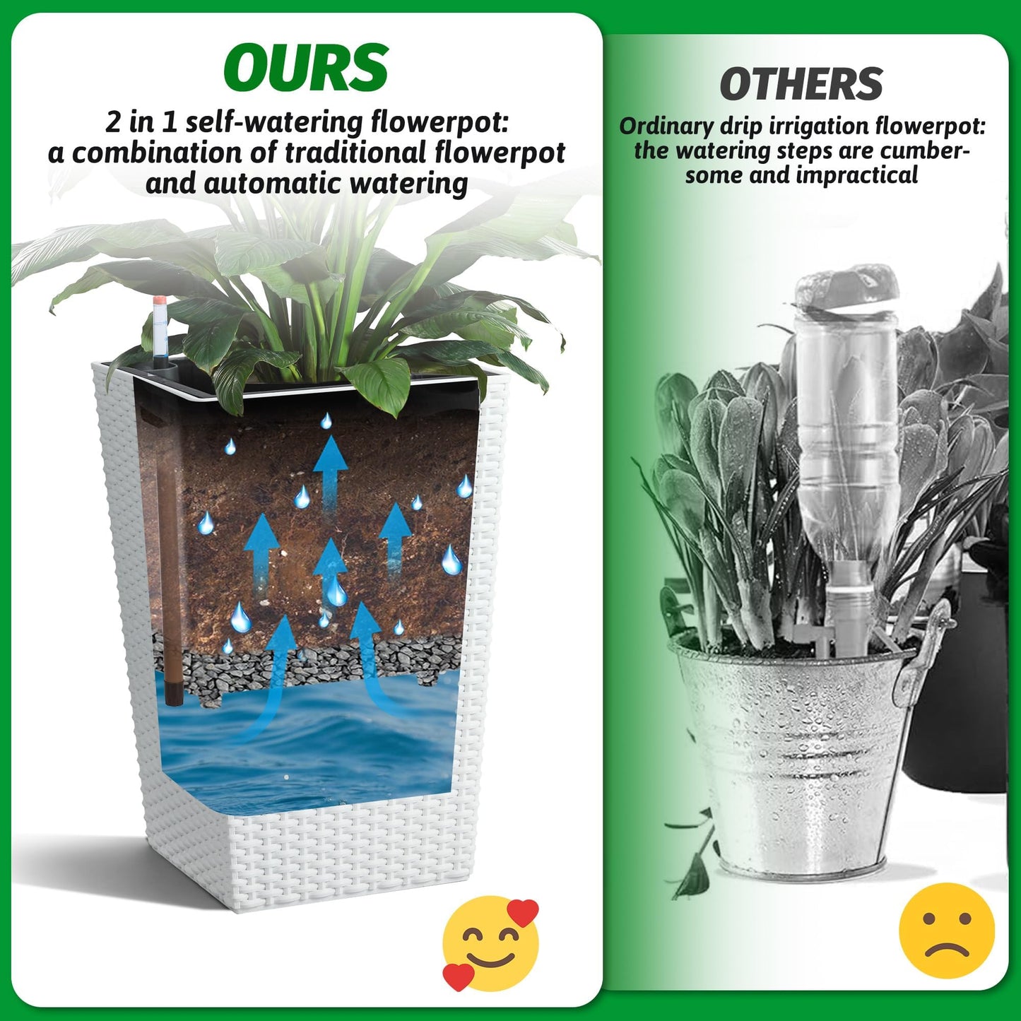 Takywep Set of 4 Tall Rattan Planters – 16" Self Watering Plant Pots with Water Level Indicator, Indoor Outdoor Planters for Patio & Porch-White