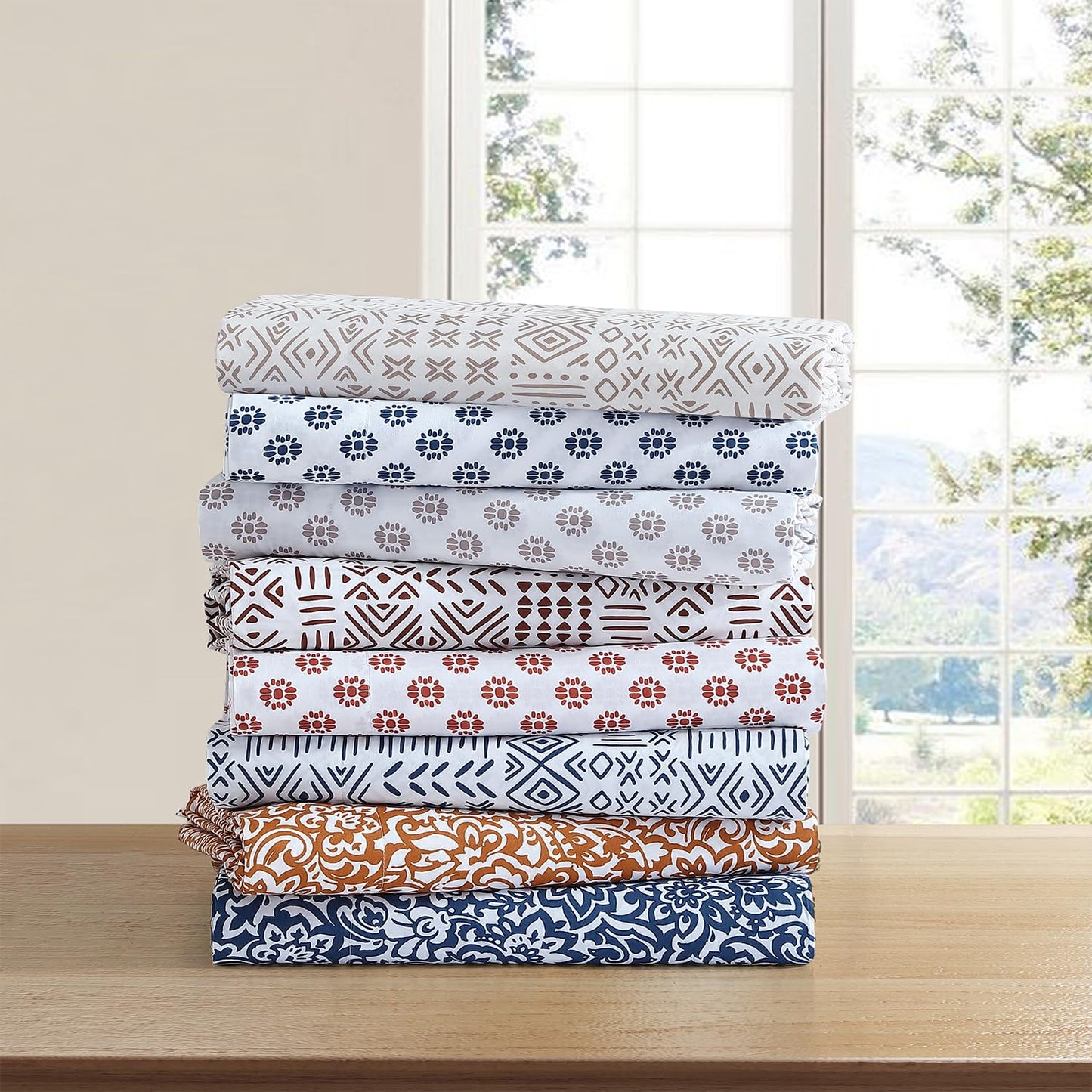Indigo Ink Queen Size 4-Piece Sheet Set - Fitted & Flat Sheets & Pillowcases, Boho Pattern, Soft & Breathable, Durable & Wrinkle Resistant, Deep Pocket Sheets, White Denim Collection, Navy Blue