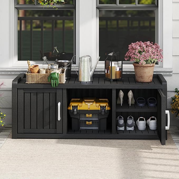 2-Tier Storage Bench, Waterproof UV-Resistant Outdoor Shoe Storage Cabinet with 2 Doors & Adjustable Shelves for Indoor Outdoor Entryway, Hallway, Living Room(Black)