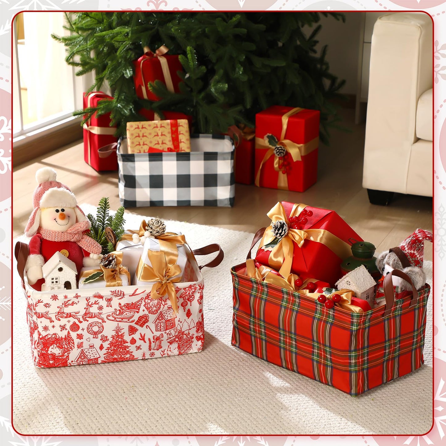 Boao 3 Pcs Christmas Foldable Storage Bins Red Black Plaid Laundry Basket with Handles Waterproof Elk Santa Claus Fabric Shelf Baskets for Organizing Closet Clothes