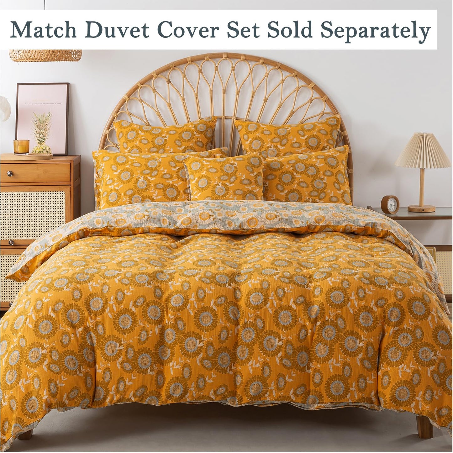 FADFAY Double Gauze 100% Cotton King Sheets Set Floral Bed Sheets Deep Pocket Fitted Sheet, Luxury Sunflower Pattern Shabby Vintage Countryside Style Bedding 4Pcs