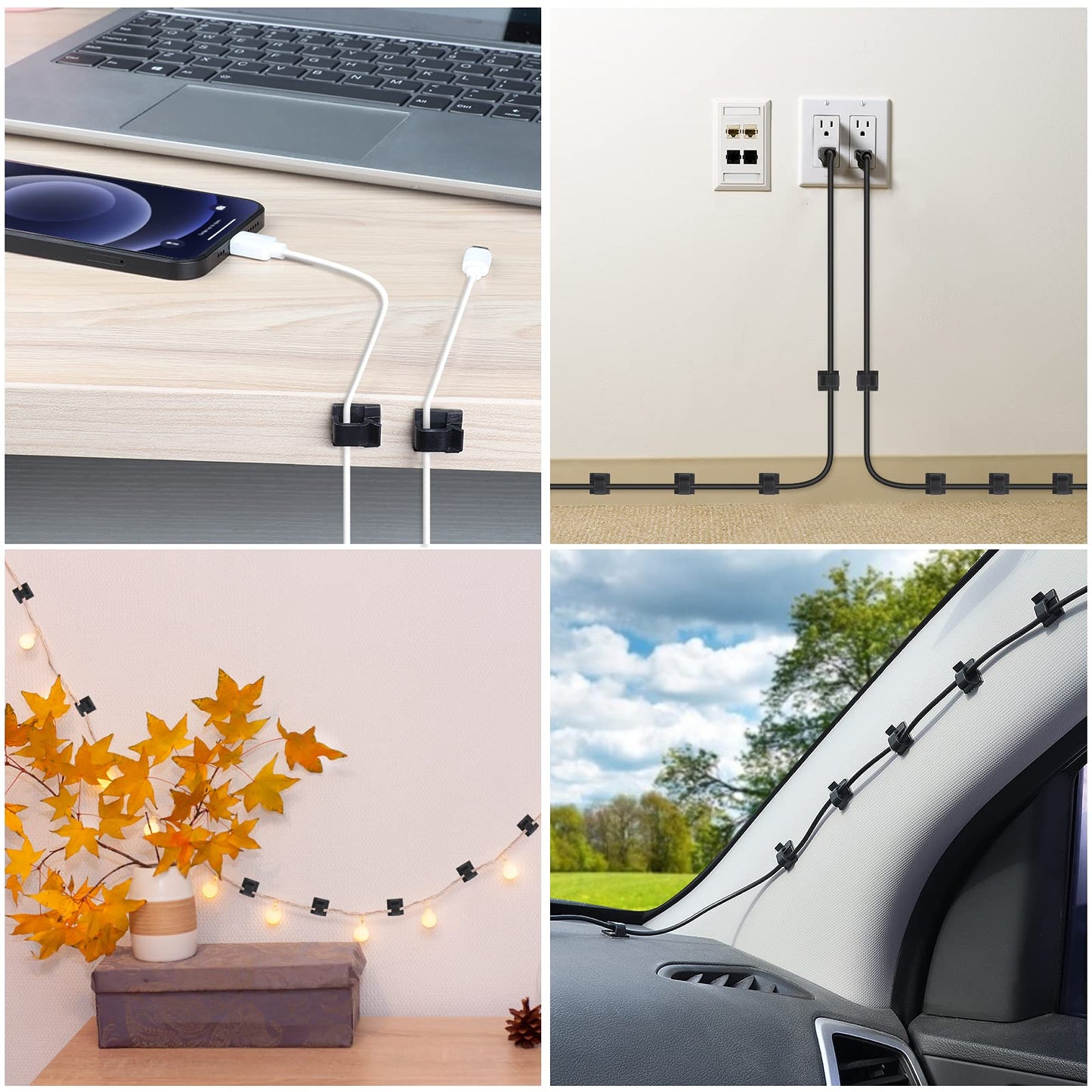 60 PCS Adhesive Cable Clips, Upgraded Wall Wire Clips for Cable Management, Strong Cord Clips Wire Holders for The Wall, Under Desk, Christmas Lights, Car, Dash Cam, Ethernet, Electric Wires Small