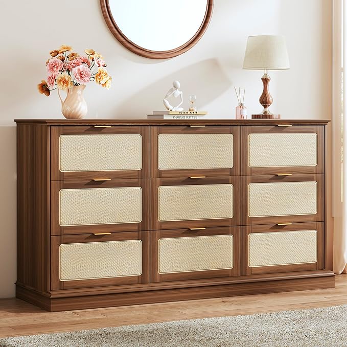 HUAHUU 9 Drawer Dresser for Bedroom, 60 Inch Long Dressers & Rattan Chest of