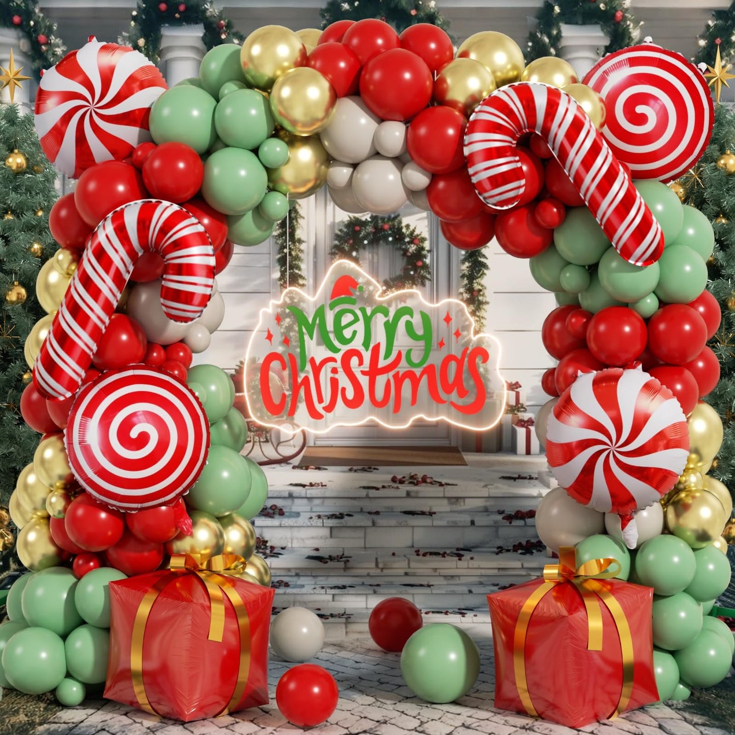 PTGOLUO 170Pcs Christmas Balloon Arch Garland Kit with Xmas Red Sage Green Gold White Sand Latex Balloons Gift Box Candy Cane Foil Balloons Arch Kit for Christmas New Year Party Party Decorations
