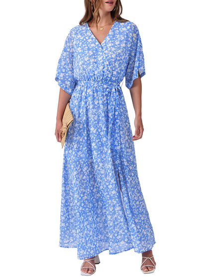 ANRABESS Womens 1/2 Sleeve Beach Wedding Guest Maxi Dresses 2025 Fall Wrap V Neck Boho Floral Flowy Slit Long Summer Dresses