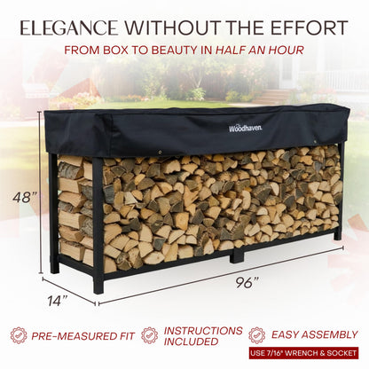 Woodhaven 8-Foot Firewood Rack – American Brand – 1/2 Cord Raised Lumber Storage Rack – Keeps Wood Dry & Ready – Heavy-Duty Steel, Lifetime Structural Warranty (With Cover)