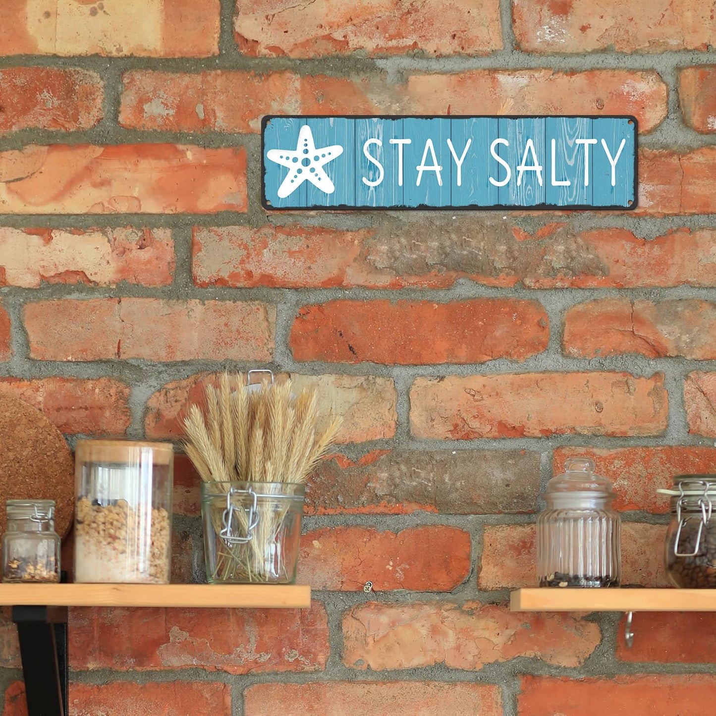Stay Salty Sign - Coastal Metal Wall Decor - Rustic Beach House, Bathroom and Classroom Art with Starfish Motif - Summer Nautical Gift for Beach Lovers, 4x16 Inch