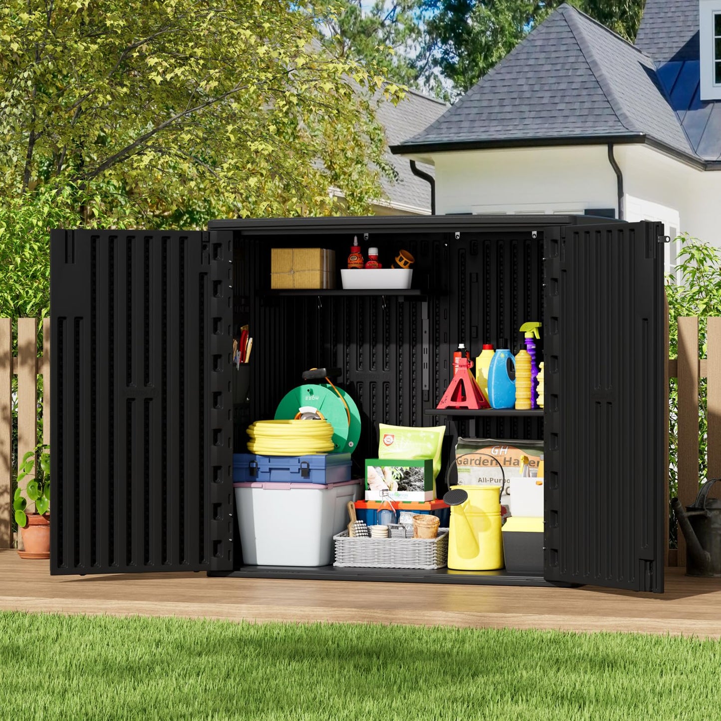 ZZM 37 Cu.ft Outdoor Storage Shed Double-Wall HDPE Storage Cabinet, Waterproof Plastic Sheds with Floor Horizontal Lockable Garden Tools Trash Can, Lawn Mower, Bike Storage, Black
