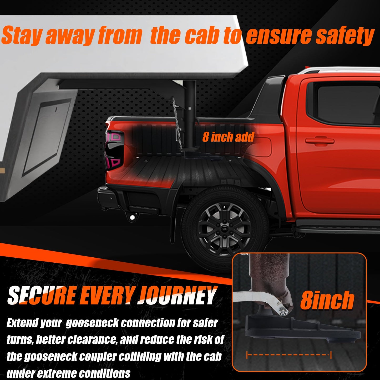 FlexHitch 8" Offset Gooseneck Hitch Extender, Square Base Gooseneck Ball, Heavy Duty Reinforcing Ribs Structure, More Safe Way to Tow a Gooseneck Trailer, 4PCS Anti-tilt PU Washer Included